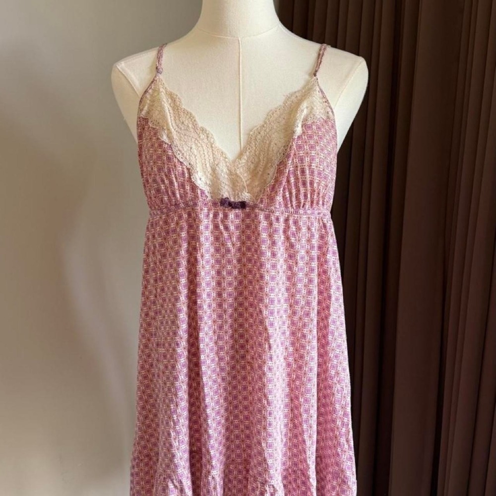 Victoria's Secret Pink Gingham Lace Babydoll Slip Dress Bow Ruffle Hem Large